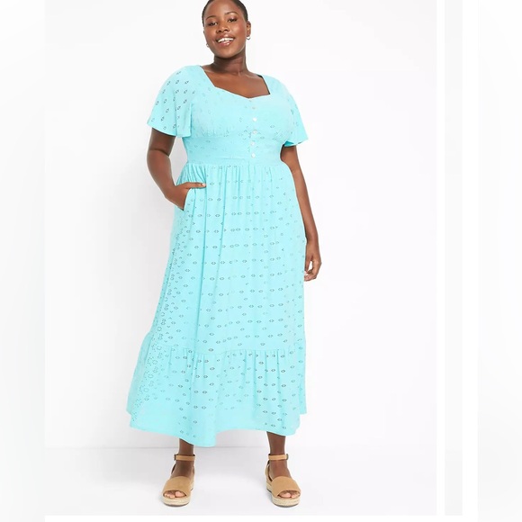 Lane Bryant Dresses & Skirts - Lane Bryant cottagecore embroidered pastel blue flutter sleeve tiered midi dress